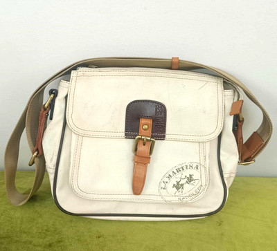 La Martina Shoulder Bag Saddlery Cotton Canvas Leather White Brown Unisex