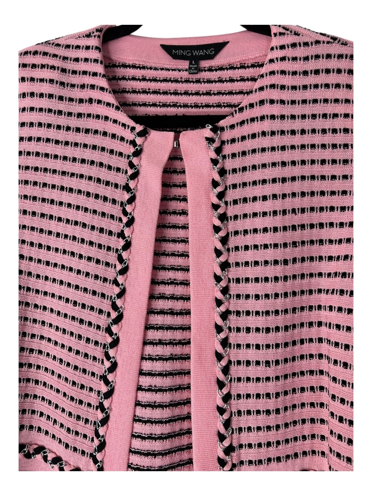 Ming Wang Sweater Sz L Pink Black Striped Open Front Chain Trim Cardigan Jacket