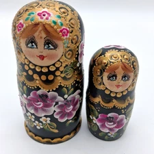 Vintage Russian Nesting Dolls 2 Piece Lady w/ Purple Flowers 4" and 3" Inch