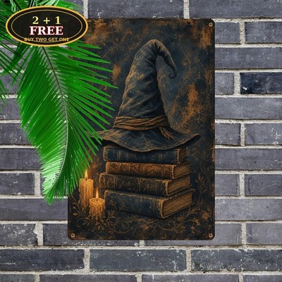 Magic Hat Ancient Books Glowing Candlelight Distressed Tin Sign
