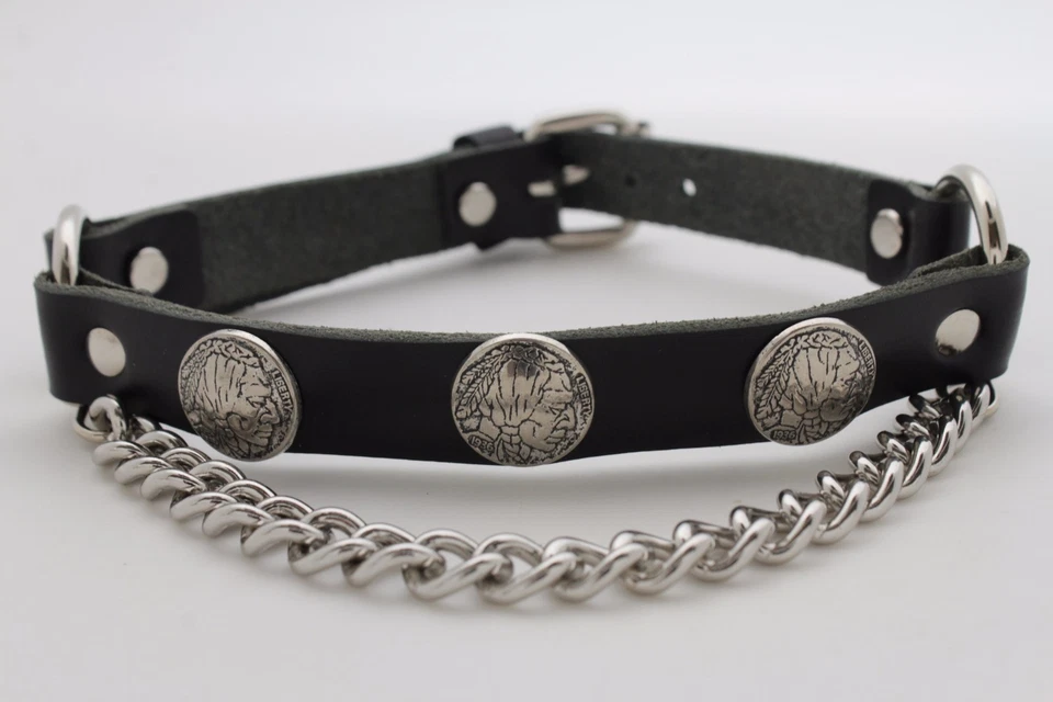 Hombres Cadena Negro Imitación Cuero Bandas Botas 2 Correas Nativo Americano Moneda Dijes Foto 4 de 4