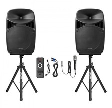Vevor 15 Powered PA Speakers Pair w/ Stands, Cables Microphone Bluetooth NEW