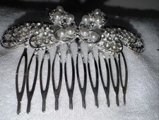 Pearl-Silver Crystal Rhinestones Classic Metal Hair Ornament Clip 4" Long