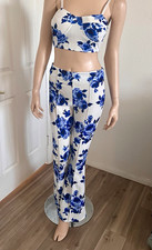 Womens White Blue Floral Knit 2-Piece Sweetheart Crop Top Pants Set S/M