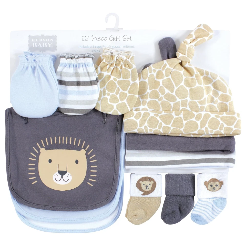 Unisex Baby Caps or Headbands, Bibs, Mittens and Socks 12pc Set, Safari, 0-6 ... - Image 2 of 4