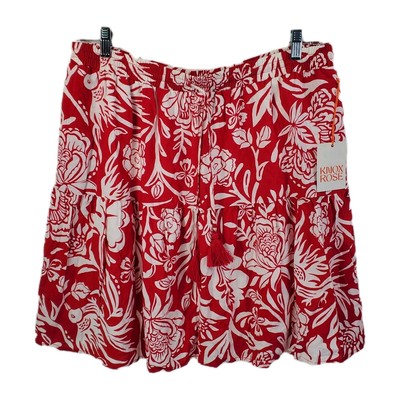 Knox Rose Skirt XL Red Wht Tropical Floral Rayon Drawstring Waist Tassels Lined