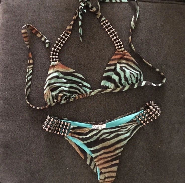 Beach Bunny Wild Blue Zebra Bikini Metal Ball Accent Set Top L/Bottoms XS Tiger - Image 3 of 4