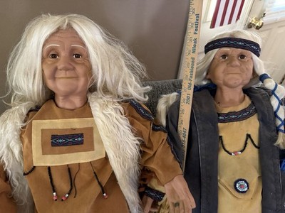 VTG GOLDENDALE 35'' NATIVE AMERICAN INDIAN ELDERS WANOA & HENRY PORCELAIN DOLLS