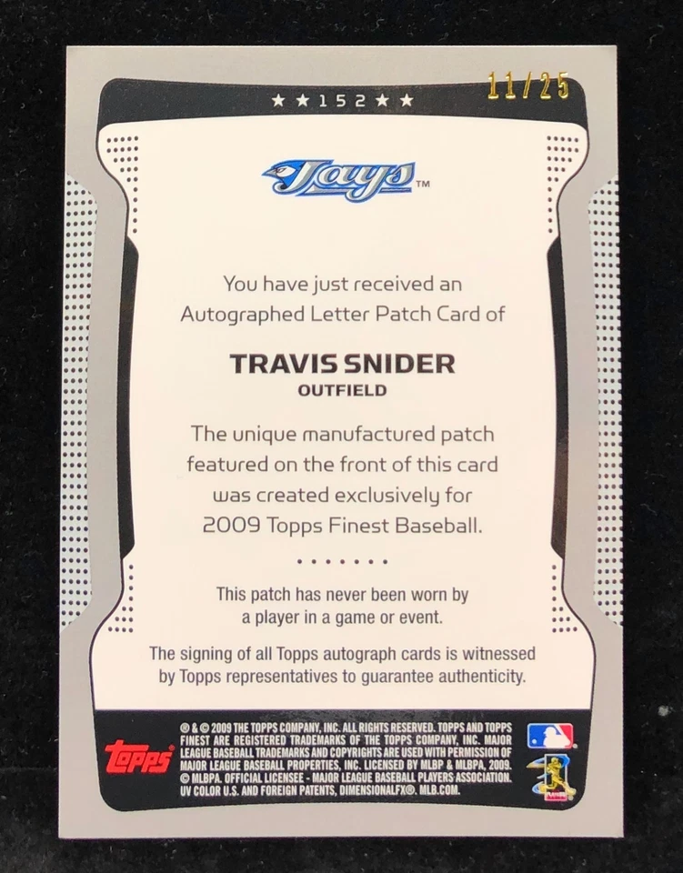 2009 Topps Finest Autograph Letter Patch Blue Refractors AUTO Travis Snider /25 - Image 2 of 2