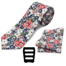 Floral Mens Tie Set Cotton Printed Necktie and Pocket Hundreds of Flowers