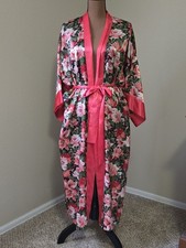 Vintage Victorias Secret Gold Floral Full Length Robe Hot Pink Roses One Size