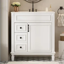30" Bathroom Vanity with Ceramic Sink，Modern Storage Cabinet w/Drawers and Shelf