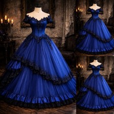 Gothic Wedding Dresses Blue Black Lace Off the Shoulder Full length Bridal Gowns