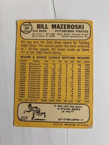 Vintage 1968 Topps HOFer Bill Mazeroski # 390 in Excellent Condition. Z9 - Picture 4 of 4