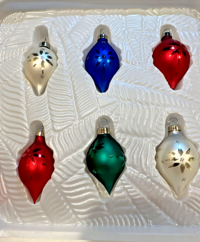 6 Vintage Mini Holiday Time Teardrop Glass Ornaments Multicolored in