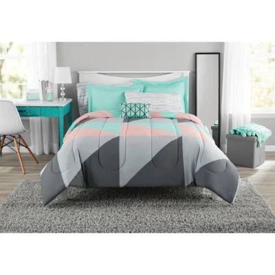 Mainstays Gray And Teal QUEEN SIZE Bed In A Bag Comforter Set SHEETS NEW