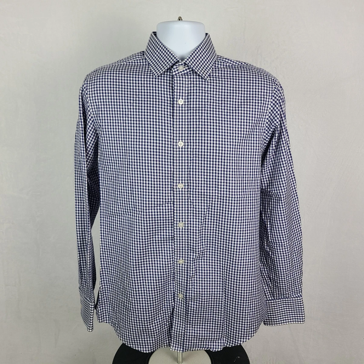 T. M. Lewin Dress Shirt Mens 16 35 Blue Gingham Check Non Iron Slim Fit Button