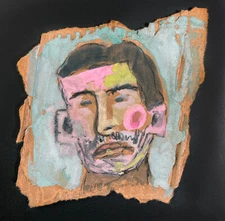 Man Portrait Painting Original Unique Naive Outsider Art Blue & Pink Miz Katie