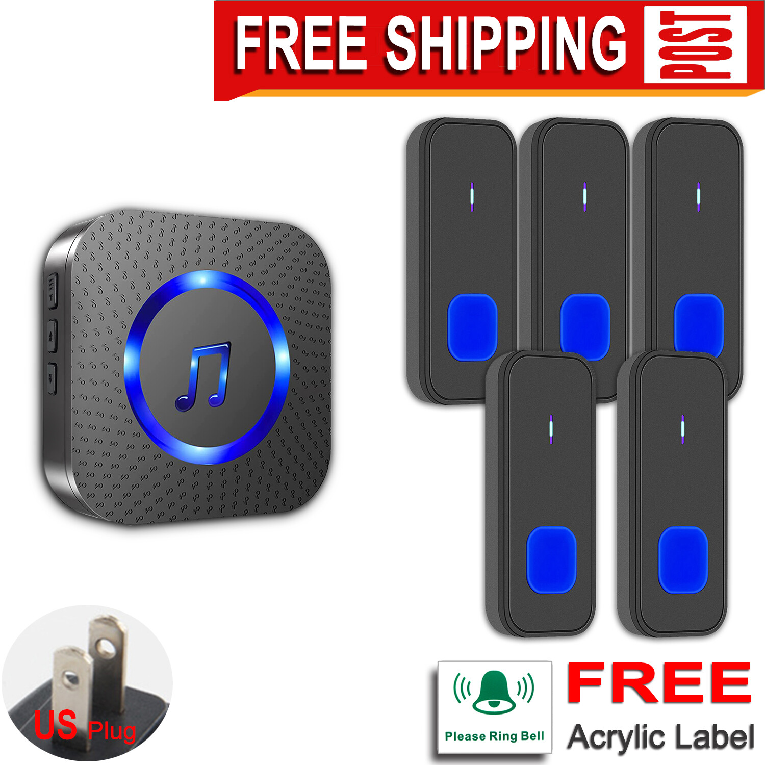 Wireless Doorbell Set,Black,Waterproof,Level 5 volume,55 Chimes,5 Call buttons-image