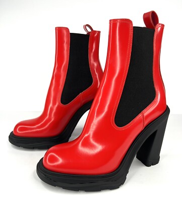 Alexander McQUEEN Tread Heeled Chelsea Red Leather Ankle Boots EU 36.5