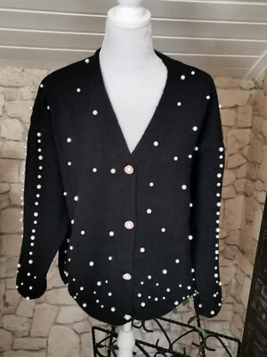 faina Damen Cardigan Strickjacke Schwarz mit Perlen Größe XL/XXL