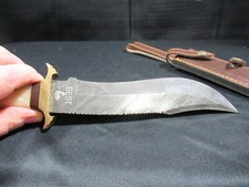 LARGE BOWIE KNIFE DAMASCUS STEEL BONE HANDLE BRASS GUARD W/ SHEATH - SURVIVALIST