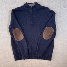 LL Bean 1/4 Zip Sweater Shetland 100 Wool Elbow Patches Blue Size Large Dadcore