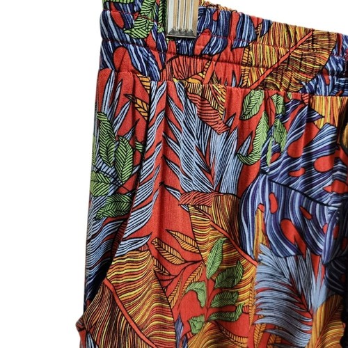 Hazel Pants Womens L Red Rayon Tropical Crop Pull On Wide Leg Drawstring Pockets - Picture 5 of 12