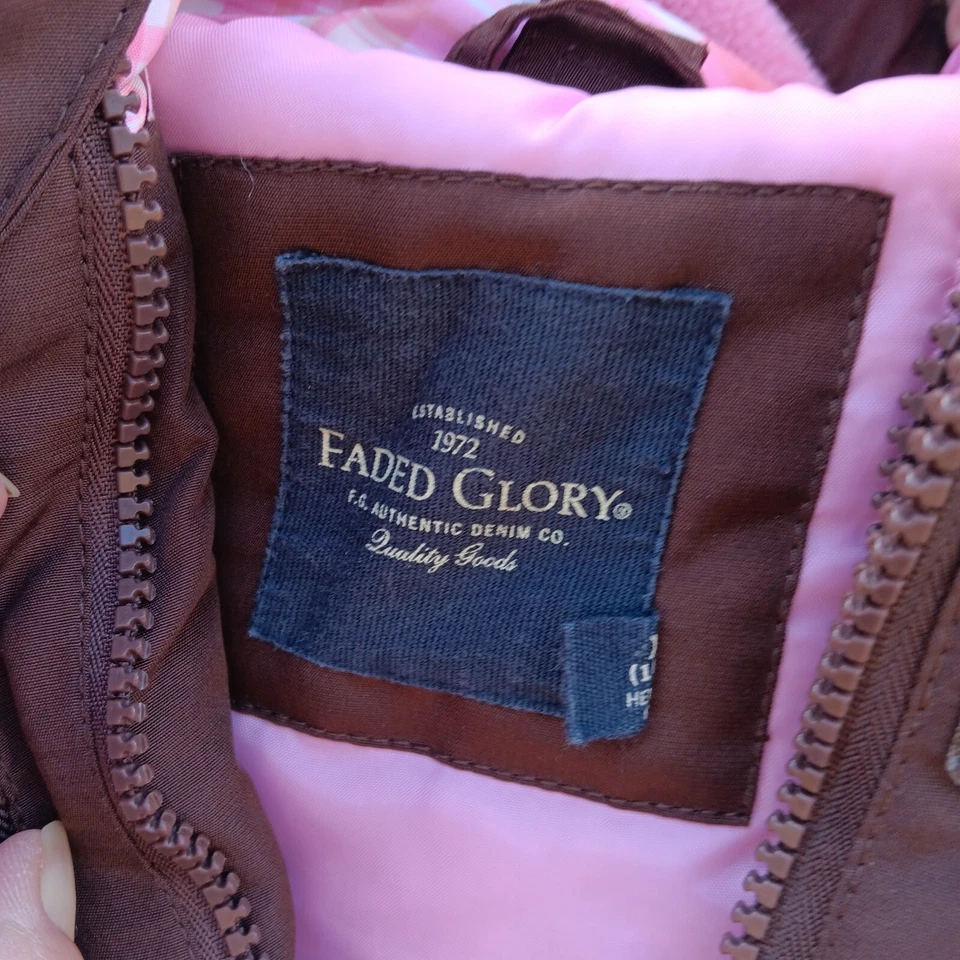 Faded Glory Girls Puffy Jacket XL 14-16 Brown Pink White Zip Up Removable Hood - Image 2 of 4