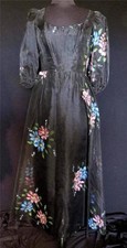 RARE HAND PAINTED 1980'S SHEER BLACK CHIFFON LONG EVENING GOWN SIZE 4