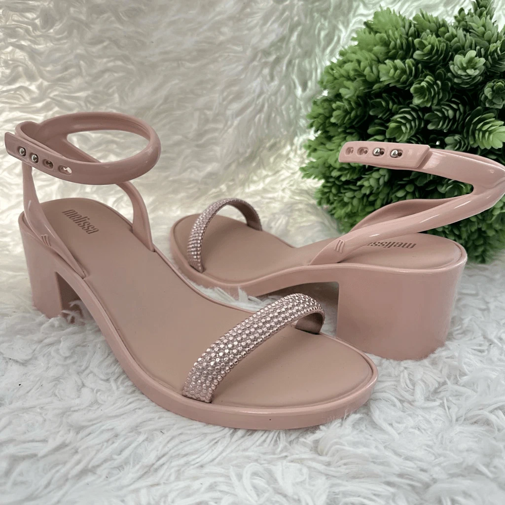 MELISSA Pink Blush Block Heel Sling Back Sandals Faux Rhinestone