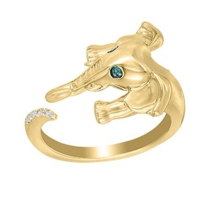 Authentic 0.05Ct Blue & White Cubic Zirconia Elephant Open Ring 14K Yellow Gold Plated