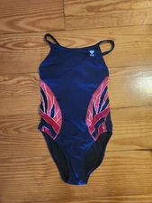 TYR Durafast One Piece Swimsuit Womens Sz 32 Navy Blue Red White