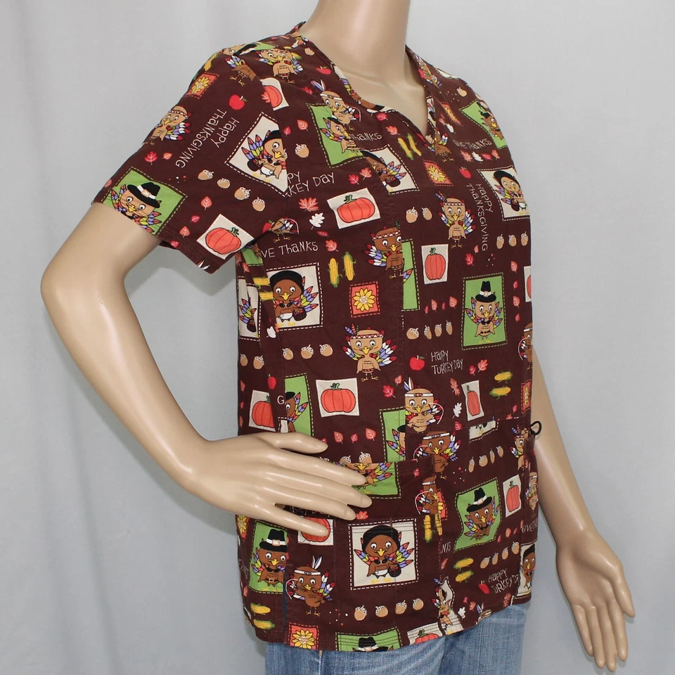 ScrubStar Thanksgiving Themed Short Sleeve XS Scrub Top Turkeys - Image 2 of 4