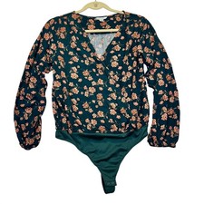 American Eagle Floral Long Sleeve Wrap Bodysuit Green XS V-Neck Snap Closure