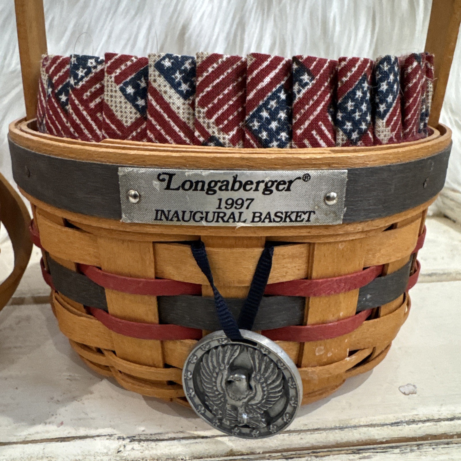 Longaberger 1997 Inaugural Basket 1996 Sleigh, Basket  Red White Blue Liners (2)