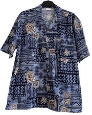 Gottex Men  s Large Vintage Blue Tribal Hawaiian Button Up 100 Cotton Shirt
