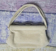 White Ivory Corde-Bead Handbag Purse Made by Lumured Co. USA Vintage 