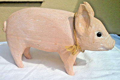 Ken Holzer Wood Pig 1990 Hand Carved Cottagecore Appx 14 x 8 inches Vintage