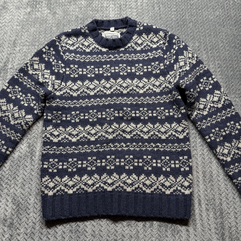 Schott Bros Sweater Men’s Small Blue White Fair Isle Knit Wool Blend Crewneck - Image 2 of 4