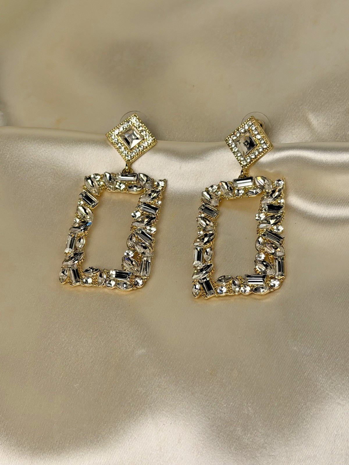 Gold Tone Rectangular Rhinestone Drop Earrings – … - image 10