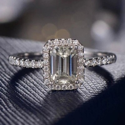 2.5CTW Emerald Cut Moissanite Halo Engagement Bridal Ring 14K White Gold Plated