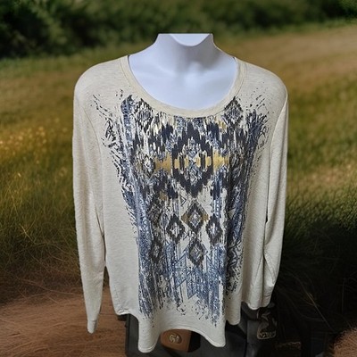 Terra & Sky Long Slv T-shirt Tunic Plus 3X (24-26w) Beige Tribal Blue Gold Print
