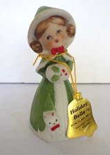 Vintage Christmas Holiday Bell Figurine JASCO 1978 Winter Girl w/ Muff Cat & Tag