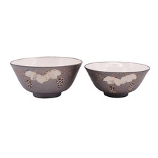 Kyo-Yaki Pair Rice Bowls Set: Shohou Kiln Harvest Grape Design Japan
