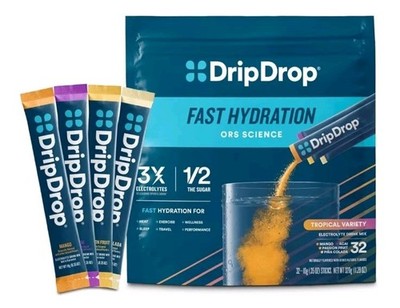 DripDrop Hydration Packets - Tropical Variety Pack - Single Serve - 32 Sticks