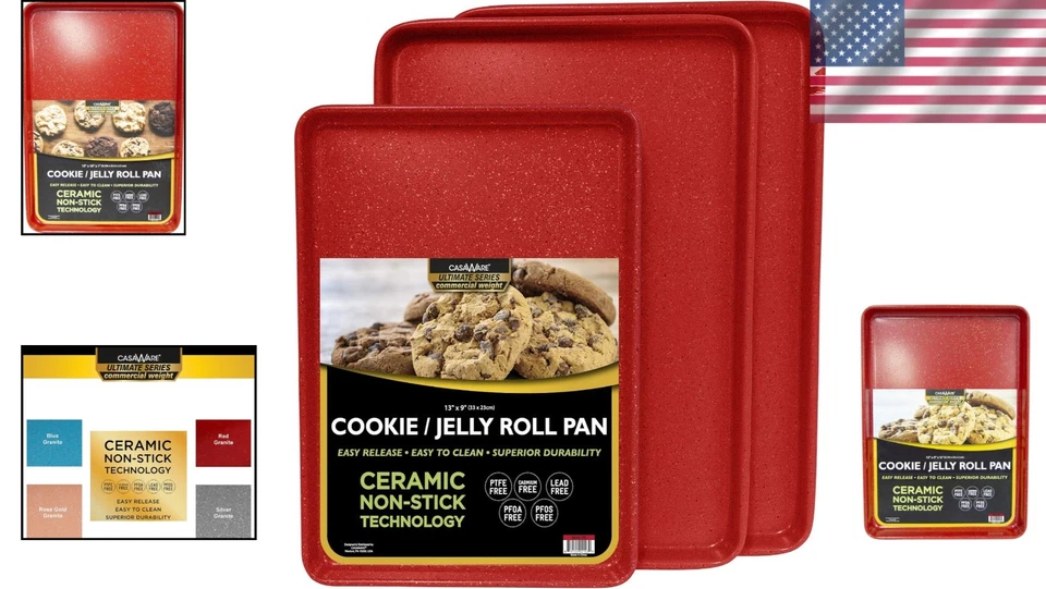 3pc Red Granite Ceramic Nonstick Cookie Sheet Set - Perfect for Baking Lovers - Image 2 of 4