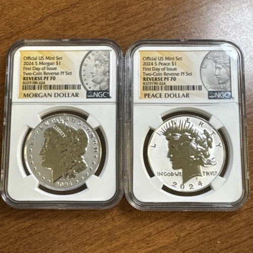 2024-S $1 Morgan & Peace Silver Dollar 2 Coin Set NGC PF70 REVERSE PROOF FDOI