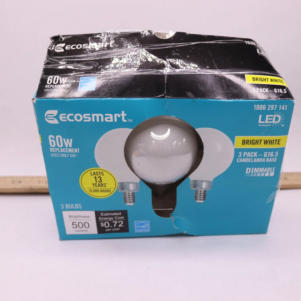 (3-Pk) EcoSmart LED Light Bulb Bright White 60W Equivalent G16.5F6E12930Z - Image 2 of 4