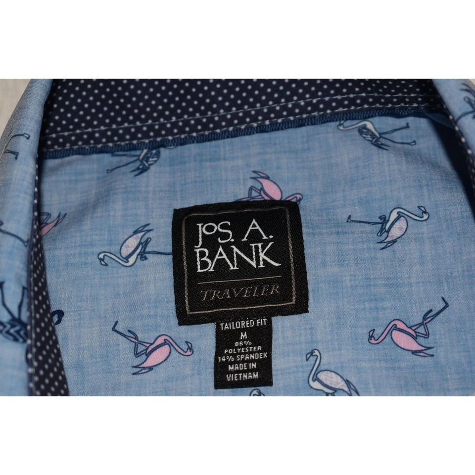 Jos. A. Bank Hawaiian Shirt Mens Size Medium Stretch Blue Pink Flamingo  - Image 4 of 4